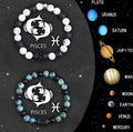 Set of two natural stone beaded bracelets on a table, each showing different zodiac sign designs.
