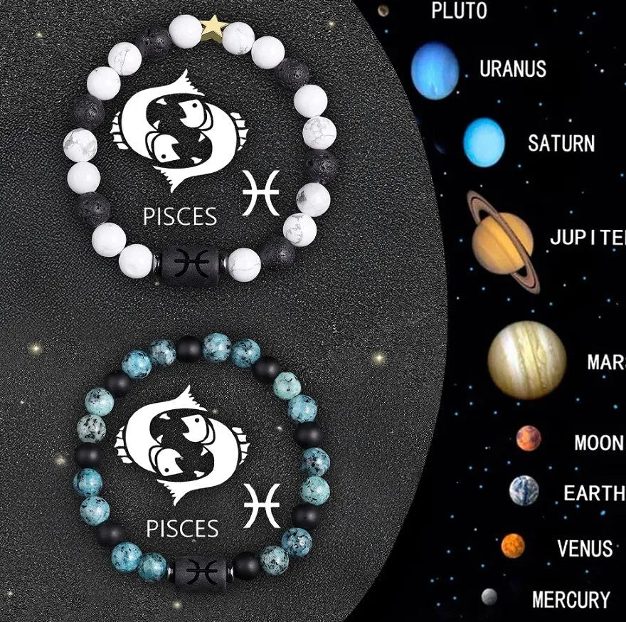 Set of twelve natural stone beaded bracelets for zodiac signs on elasticated string.