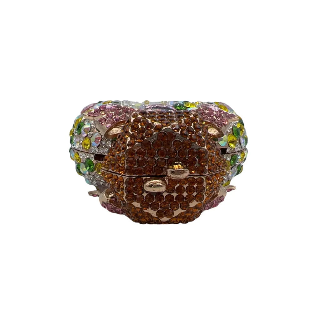 Hard alloy women's clutch bag with full diamond detailing and three-dimensional pocket design