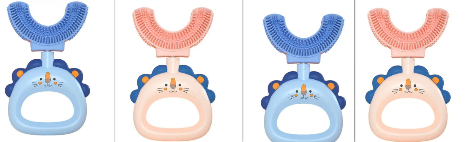 Children's U-shaped silicone toothbrush in blue for ages 2-6 years with soft silicone head and PP handle