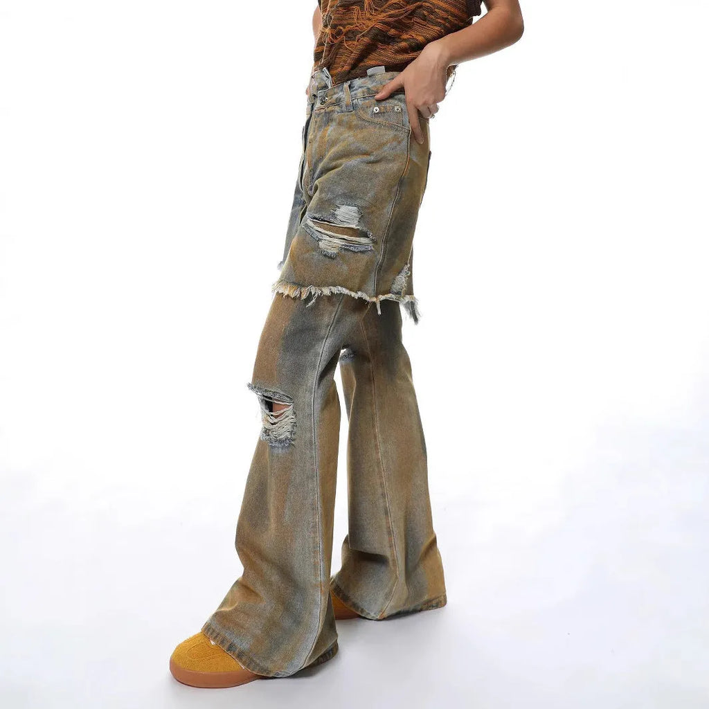 Women's loose bootcut jeans with high waist and street style design in denim fabric