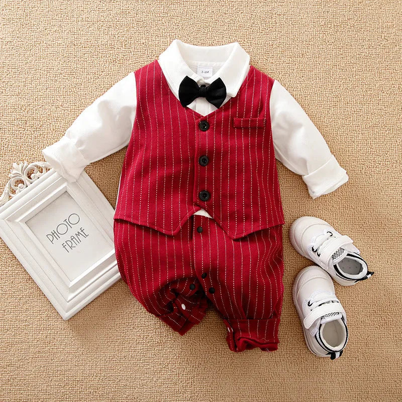 Baby boy in a wine red long-sleeve cotton gentleman jumpsuit with a single-breasted closure.
