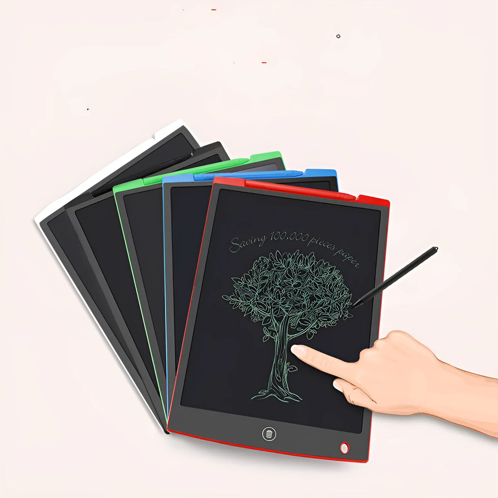 LCD children's handwriting board with stylus in blue, red, green, or black colour options.