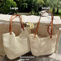 Beige woven cotton linen shoulder bag with large capacity for beach essentials