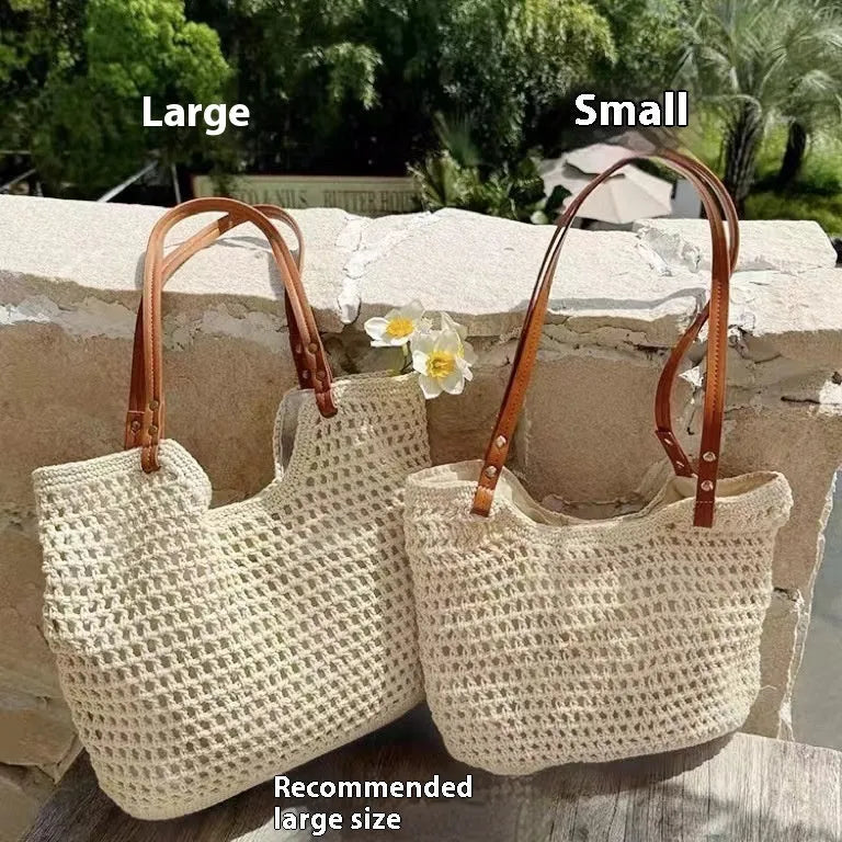 Beige woven cotton linen shoulder bag with large capacity for beach essentials