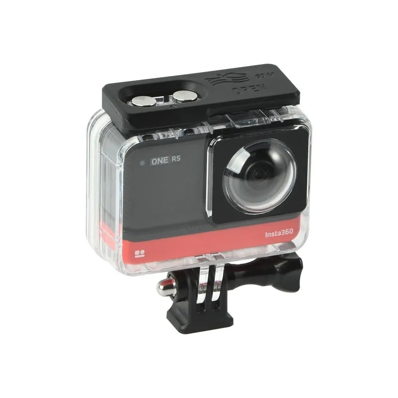 Transparent Insta360 One RS waterproof housing case for underwater use.