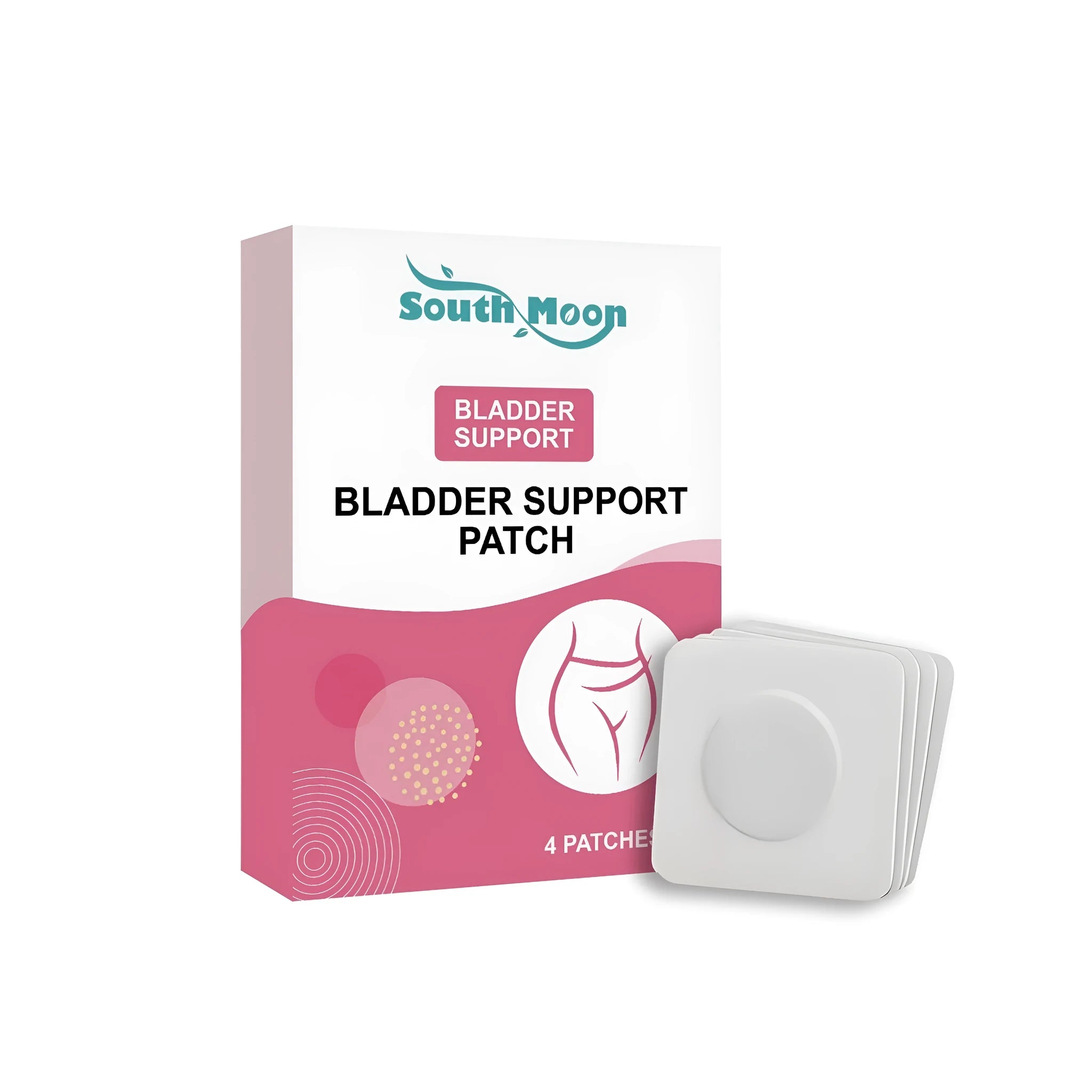 Pack of four bladder care patches with listed ingredients including ginger, mint, and aloe