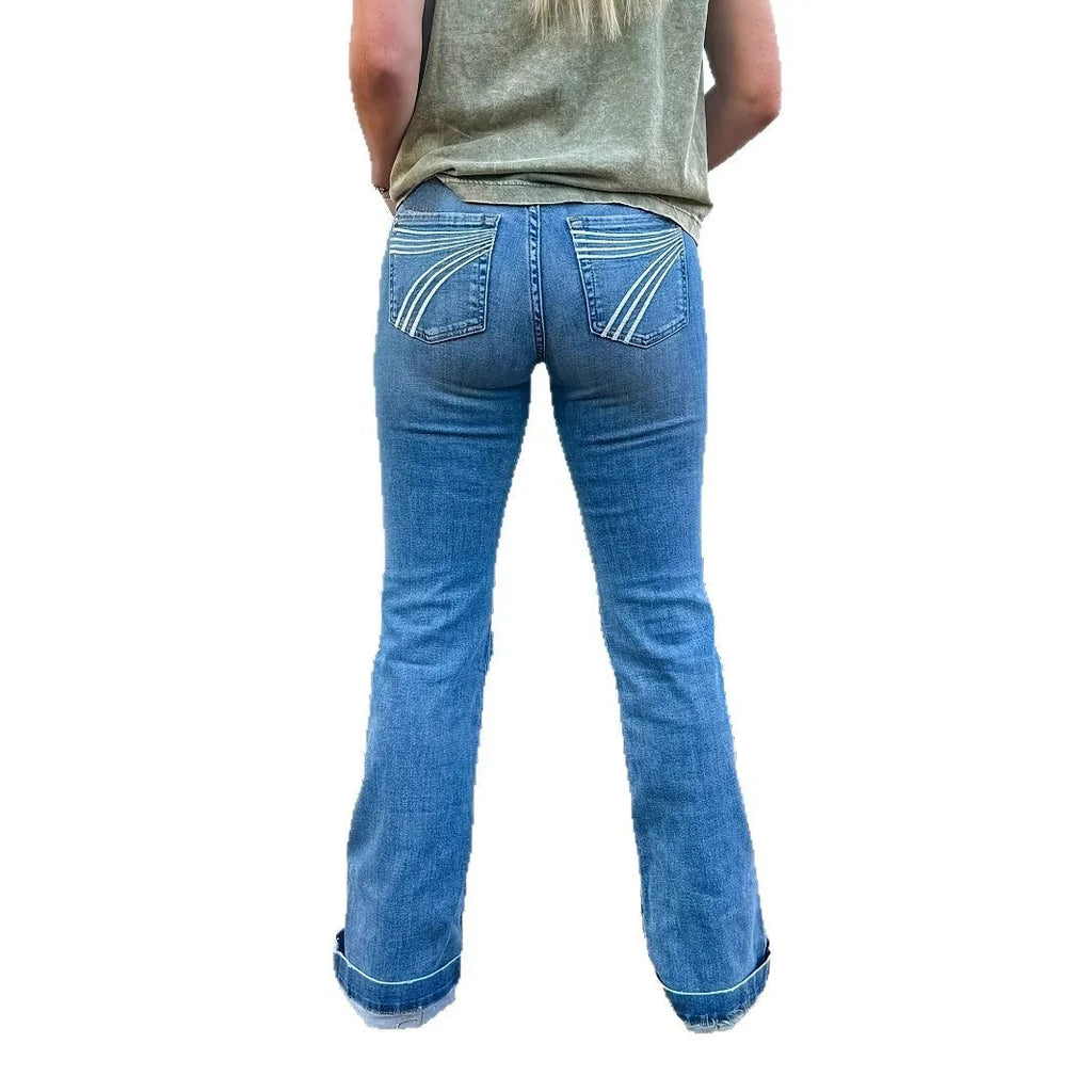 Slim fit blue denim jeans with white embroidery detailing on a slightly flared leg.
