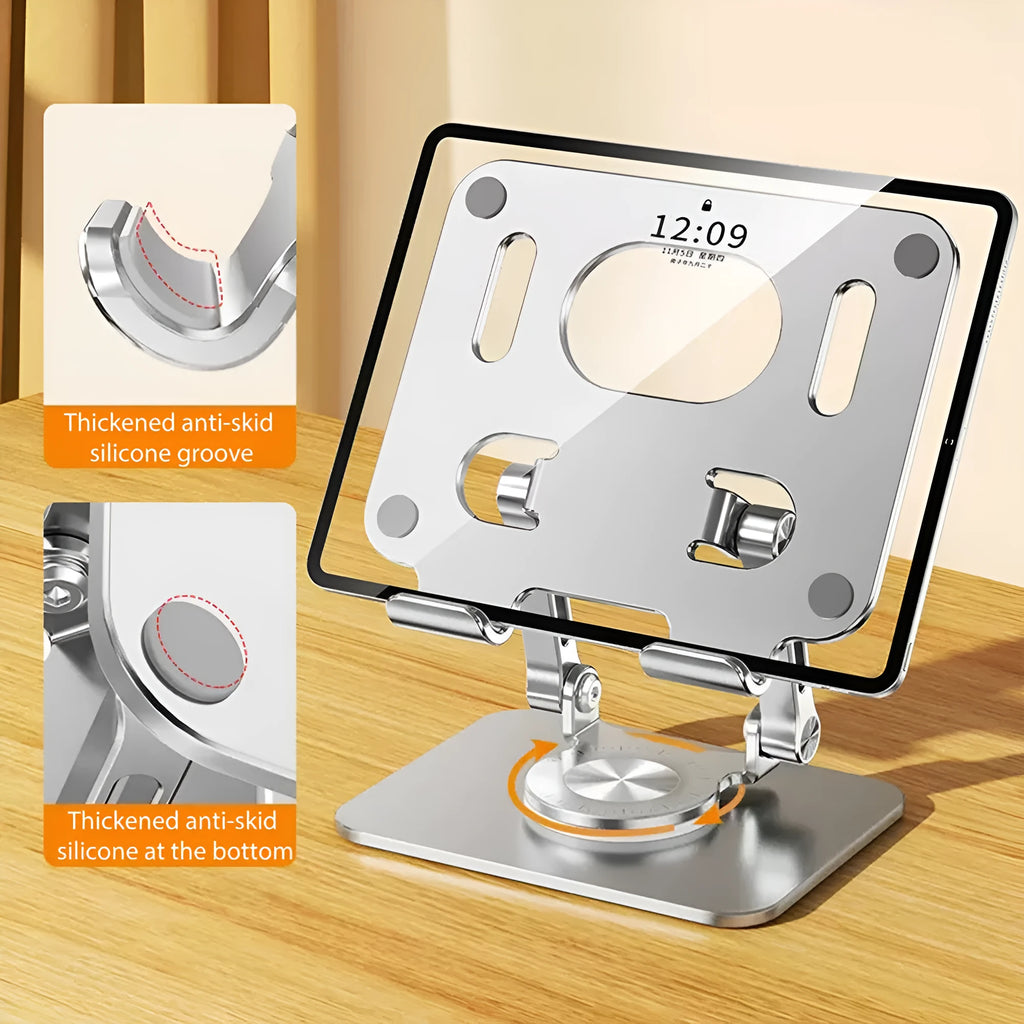 Rotating tablet stand in technology silver colour with adjustable height mechanism