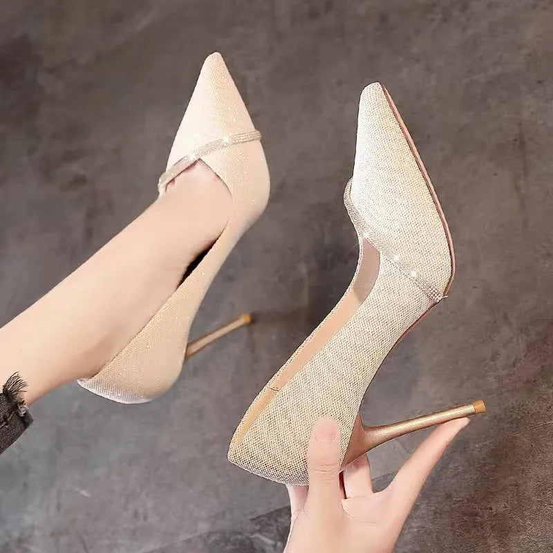 Gold women's stiletto high heel shoes with pointed toe and low-cut PU upper