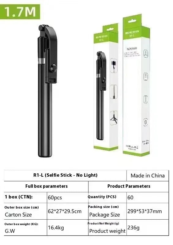 Black portable tripod selfie stick with stainless steel and alloy construction for mobile phone holder