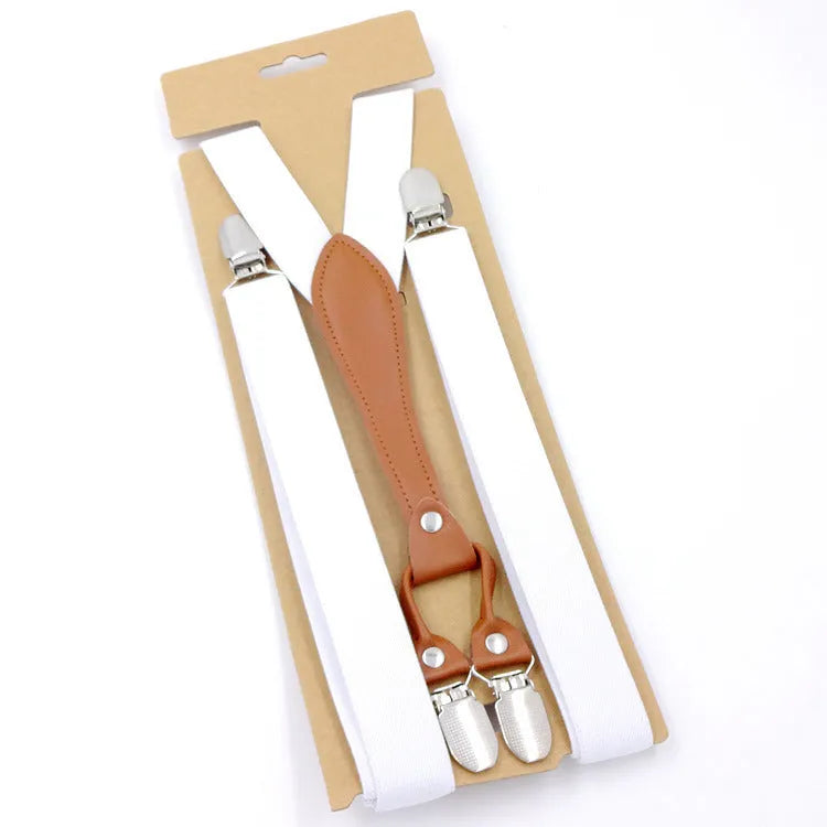 Candy colour suspender bow tie with elastic polyester ribbon, clip and snap button, 100-135cm adjustable length, unisex.