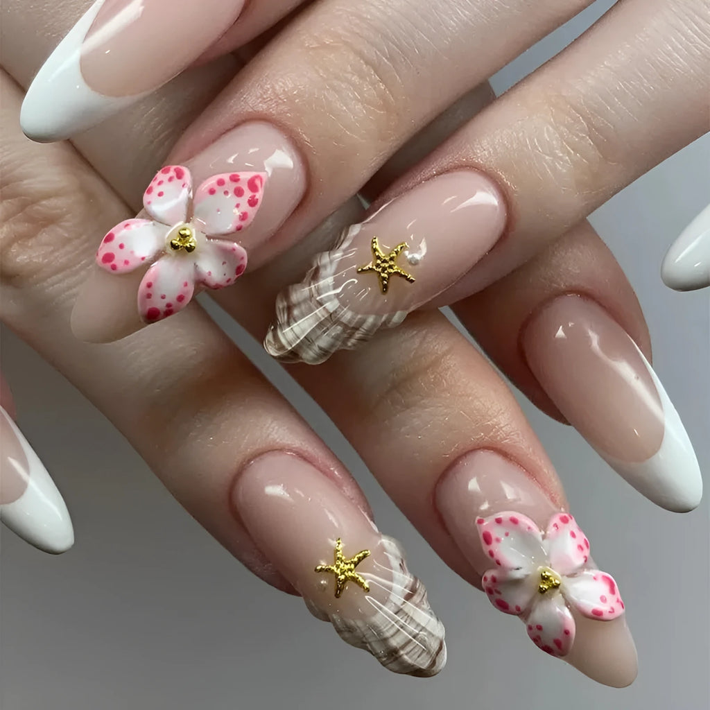 Removable false nails with floral French design and rock pattern patches in W1764 colour