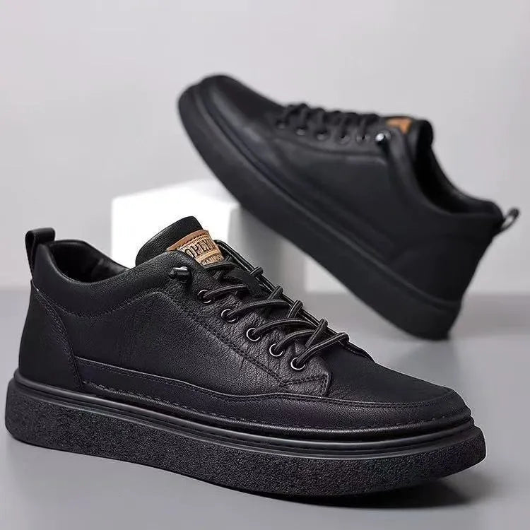 Men's black sports casual loafers with artificial PU upper and sewing line detail