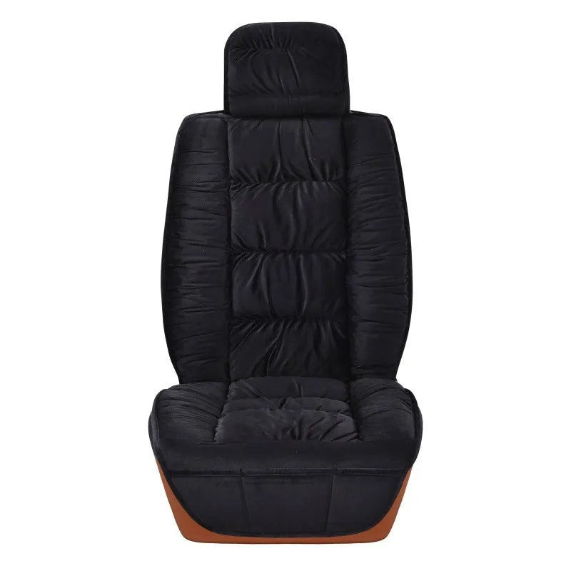 Winter short plush car seat cushion shown in multiple colour options including black, beige, grey, brown, and purple