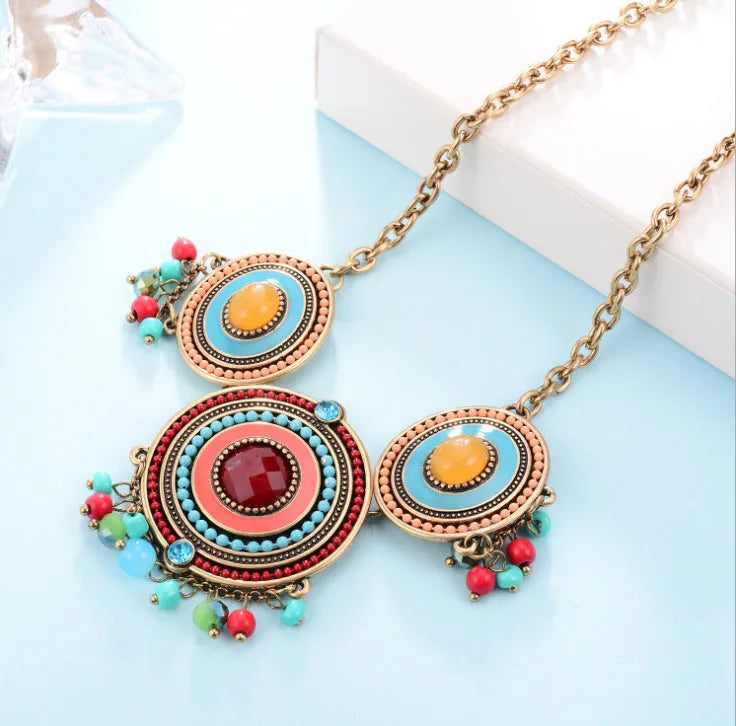 Red bohemian exaggerated diamond alloy necklace with man-made crystal meteorite pendant on bamboo-style chain for women