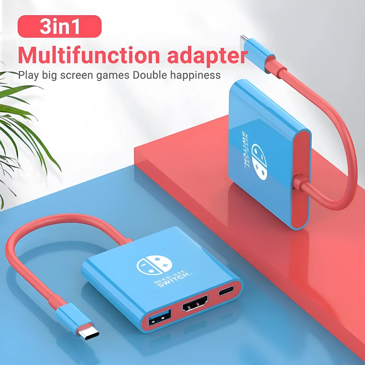 Three-in-one Type-C docking station converter with 15cm cable in black and red colour