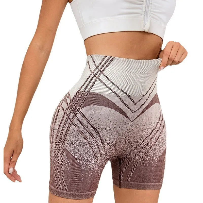 Women's black and brown gradient high waisted fitness shorts for yoga and running workouts