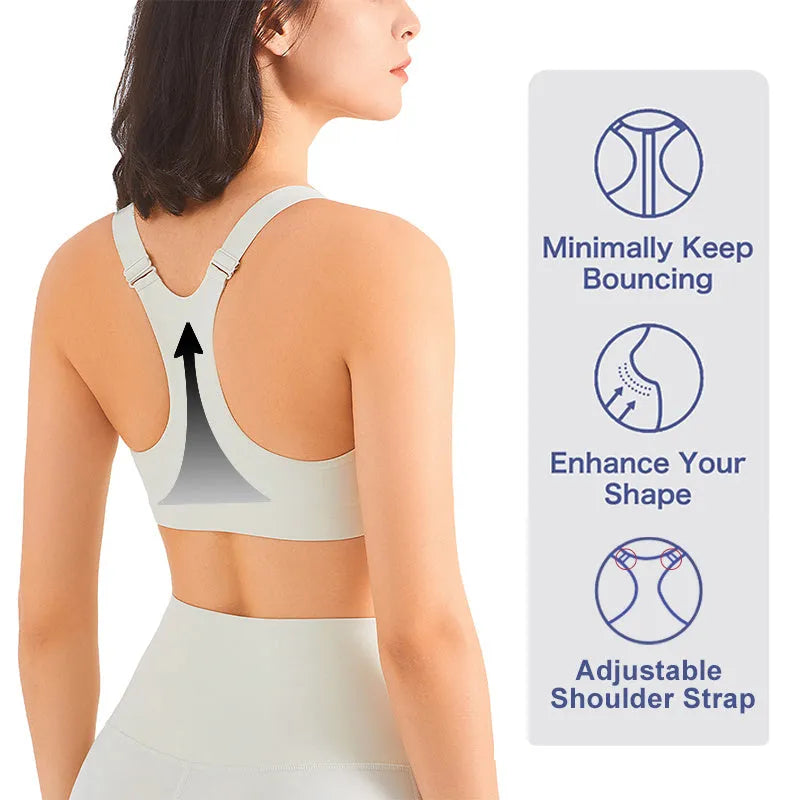 Zip front sports bra in Rhino Grey with racerback and mesh back panel for breathability
