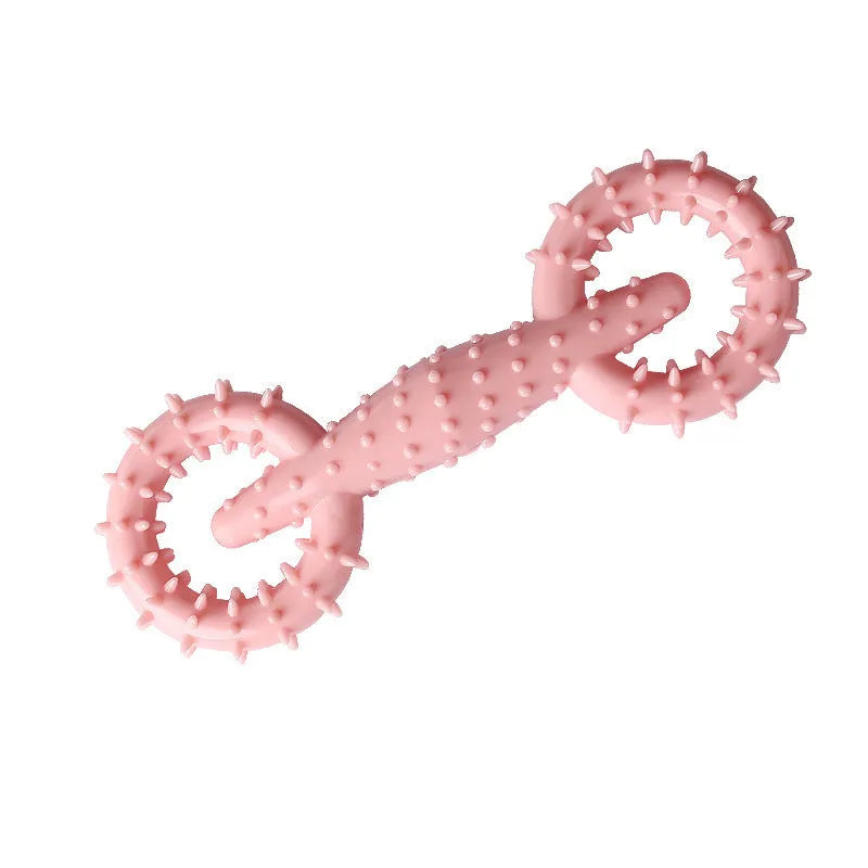 Blue TPR dog chew toy ring with chew board texture, shown beside measurement scale indicating 16cm diameter