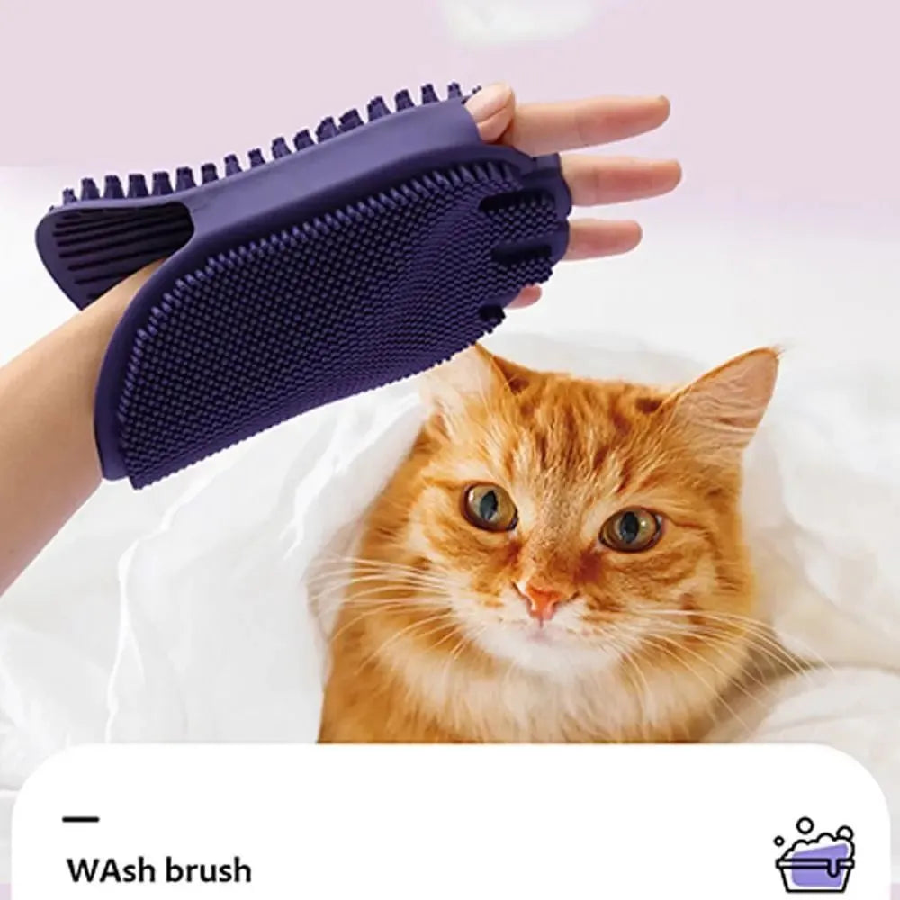 Purple dual-sided silicone pet shampoo and massage brush with soft TPR bristles