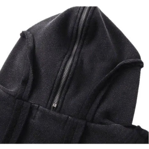 Black loose-fit padded cotton coat with hood and abstract pattern, front zip.
