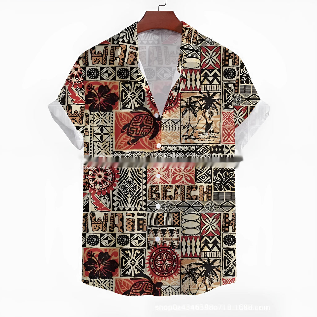 Man wearing a loose-fit short-sleeved floral print shirt in a casual cardigan style.