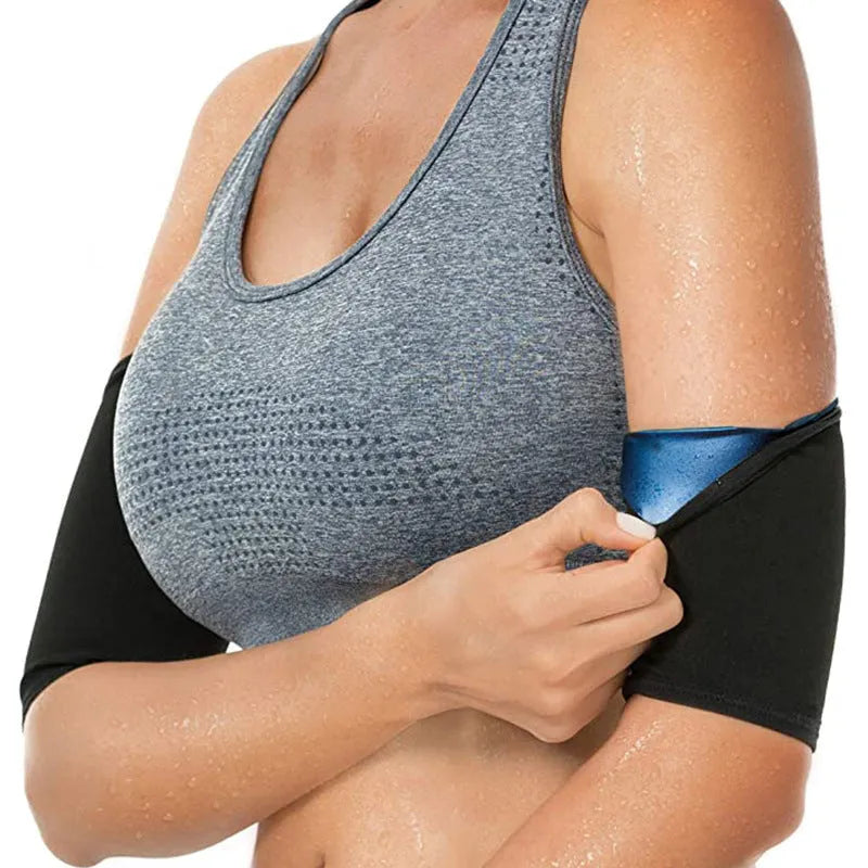 Blue adjustable elastic arm sweatband with absorbent inner layer, shown with included binding strap.