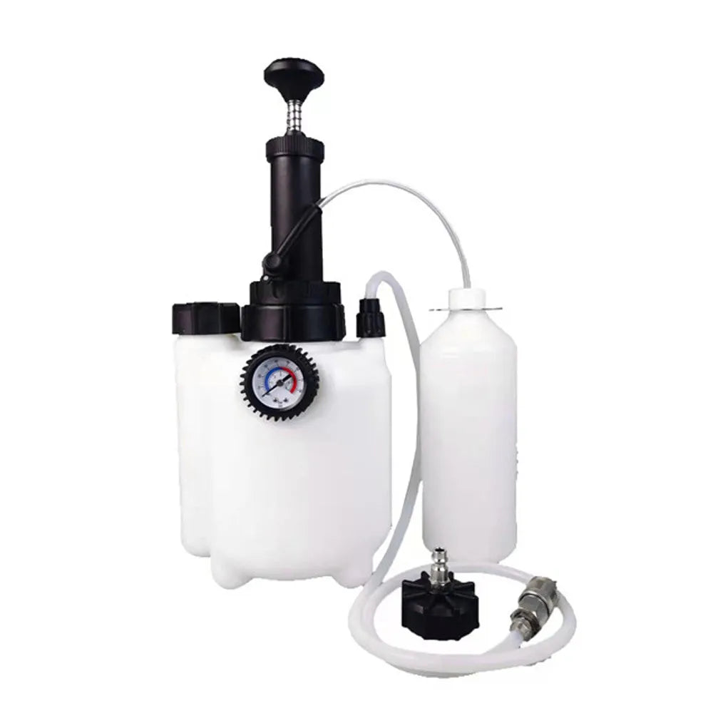 White 3-litre automotive brake fluid tank replacement tool with copper, iron, and plastic construction.