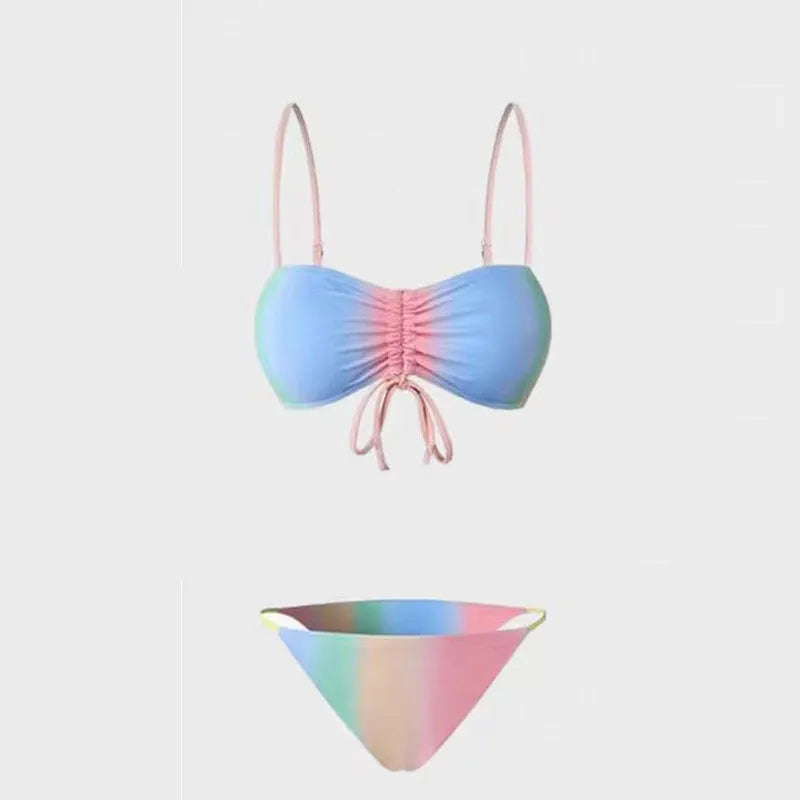 Women's lace-up bikini swimsuit with adjustable string ties and triangle top design