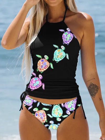 Conservative style women's swimsuit with colourful cartoon print and matching shorts.