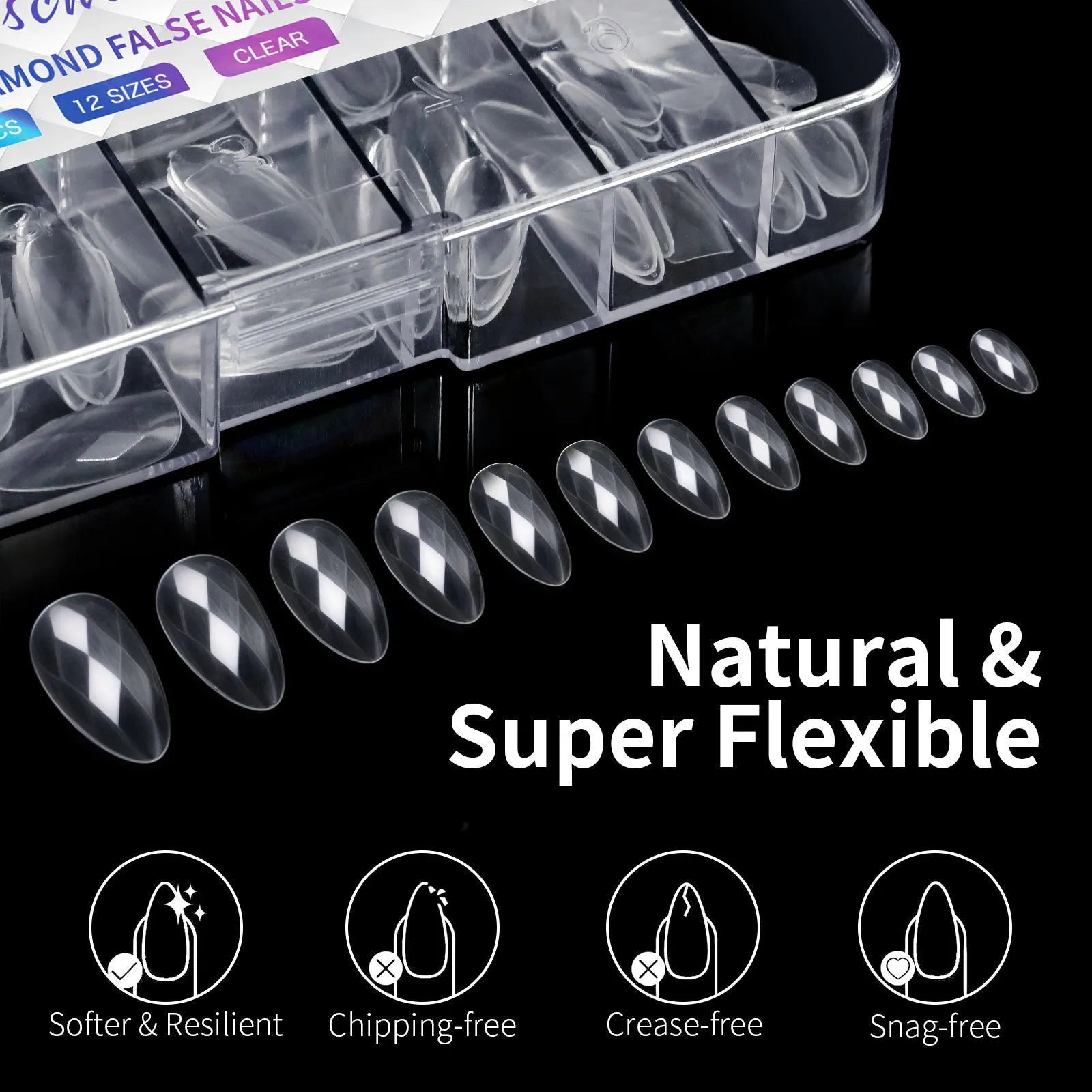 Long shaped false nail tips with an embossed 3D diamond pattern on the surface