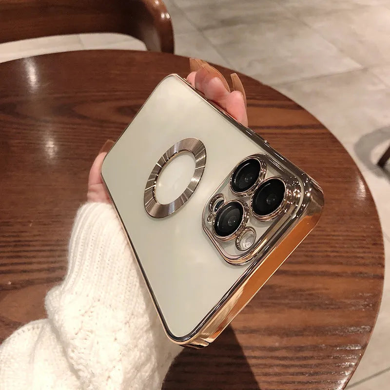 Transparent electroplated silicone iPhone case showing integrated camera lens protector and precise button cutouts