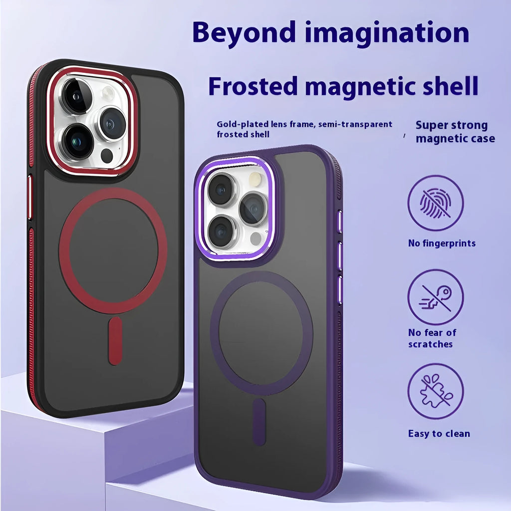 Magnetic frosted TPU phone case for iPhone 14 with metal lens ring in black