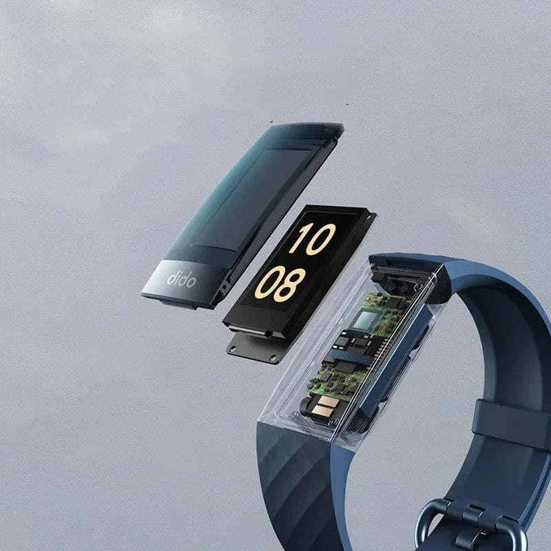 Black smart health bracelet with 1.1-inch screen displaying ECG graph, blood pressure, and heart rate readings on wrist.