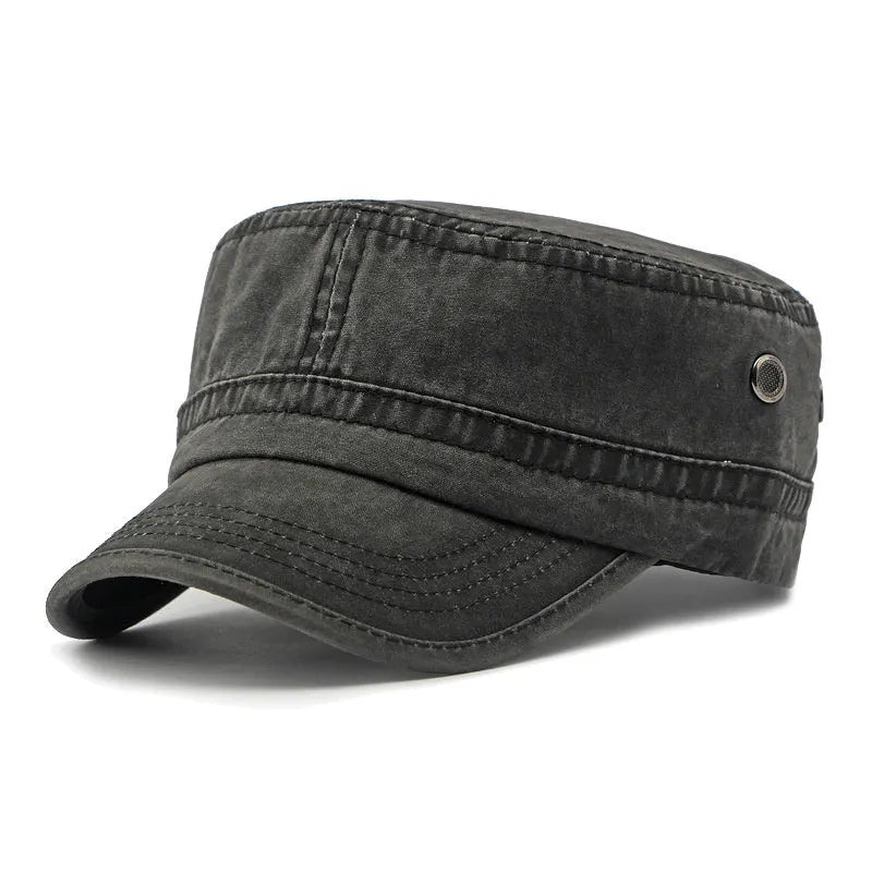 Cotton military flat top cap with adjustable strap in army green colour