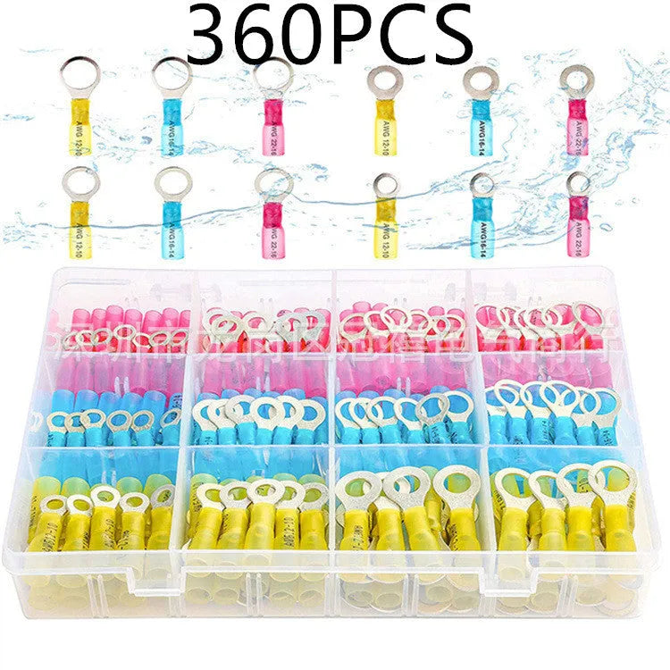 540-piece heat shrink wire connector kit with ring, fork, hook, and spade terminals, brass tin plated contacts, and flame retardant insulation