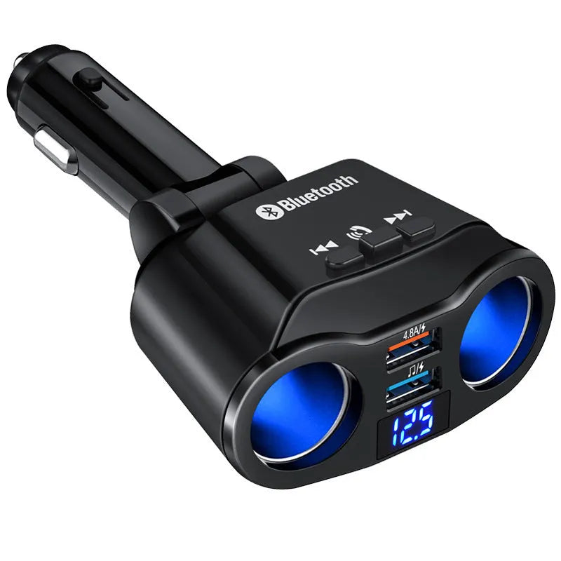 Car Bluetooth FM transmitter and fast charger plugged into a vehicle cigarette lighter socket.
