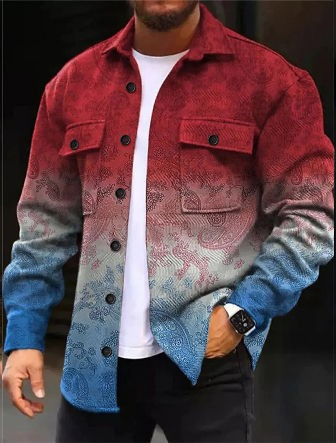 Men's long sleeve corduroy shirt in loose fit with front pocket, colour C924-8, for autumn winter casual wear