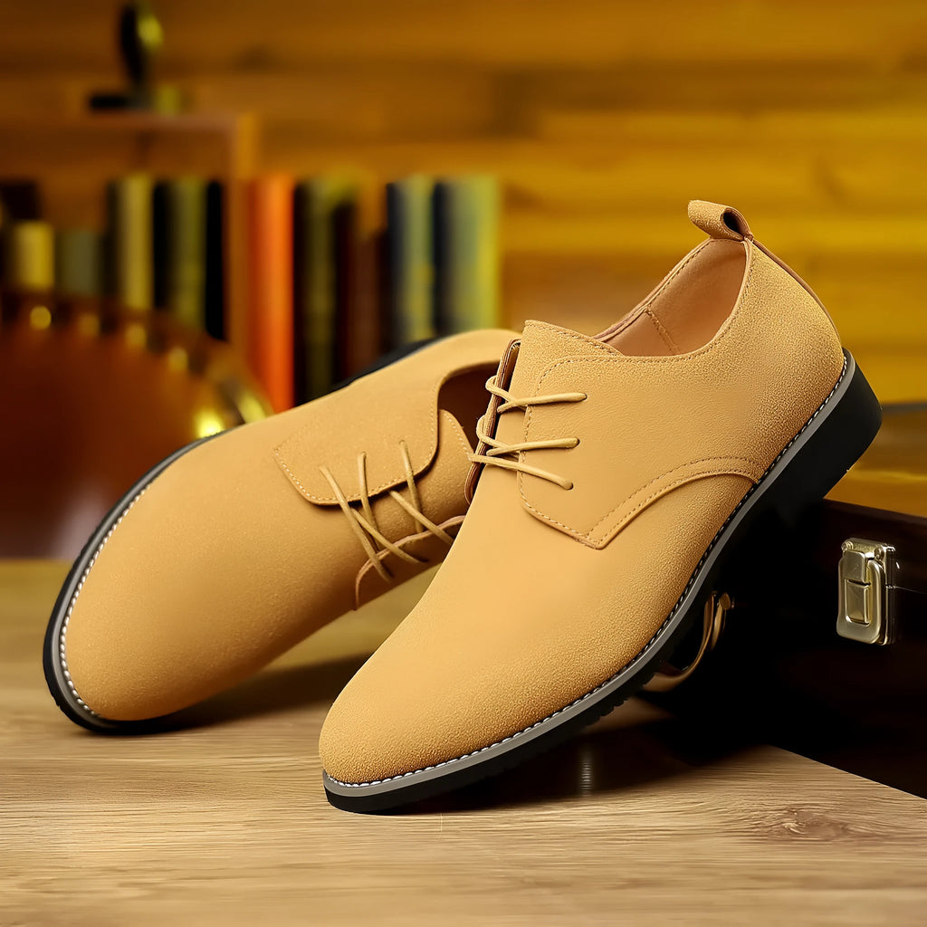 Large size men's casual leather shoes with artificial PU upper and rubber sole in khaki colour, low-top round toe design