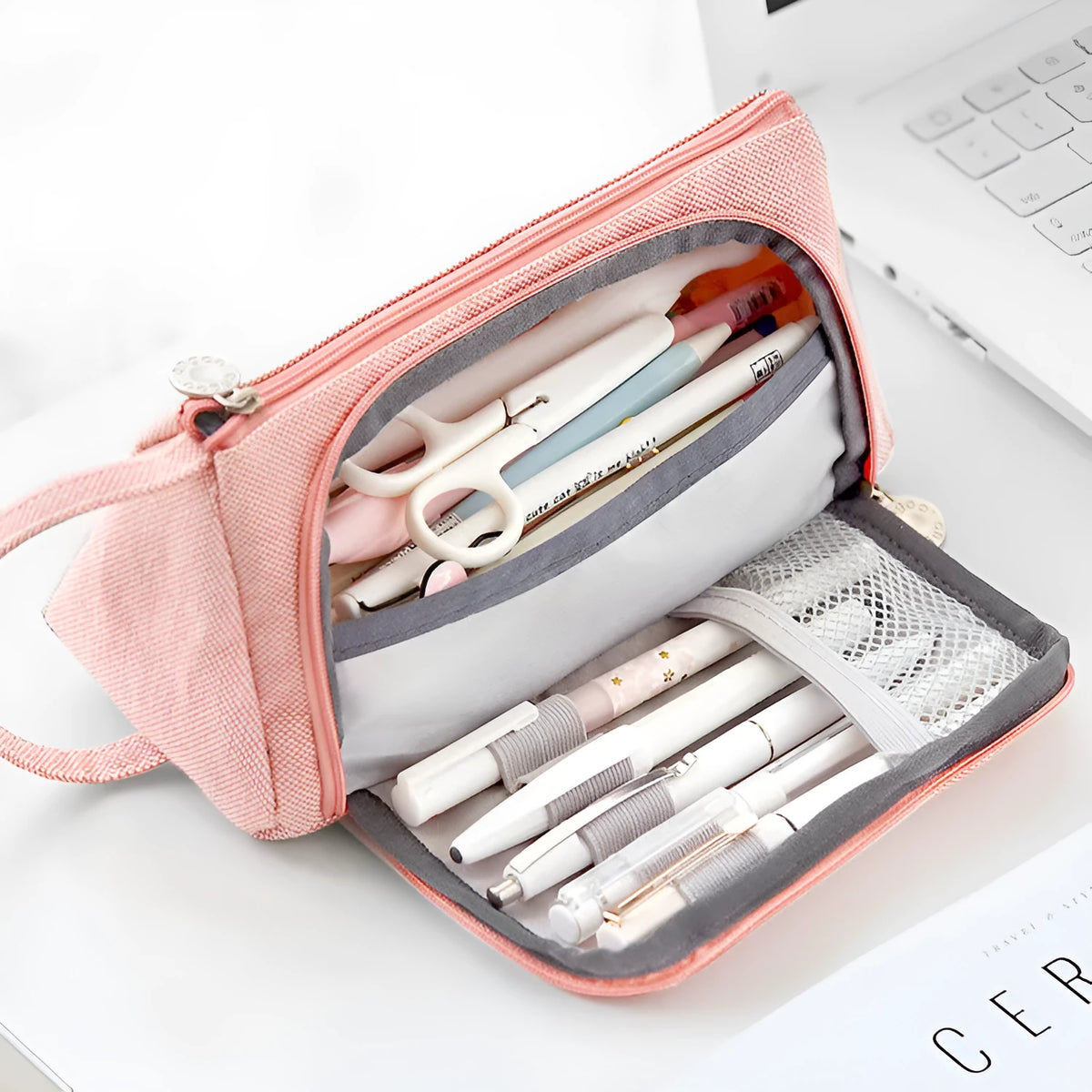 Korean style cotton and linen square pencil case in candy colour, 20x11.5x8cm, with large capacity and plain pattern