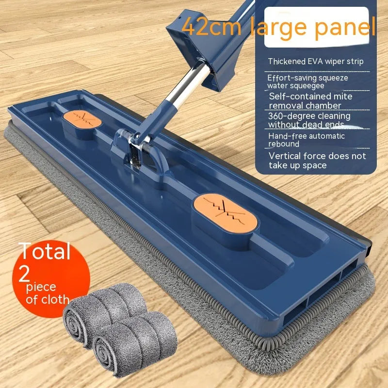 Large blue flat mop with rotating head and long stainless steel handle for hard floor cleaning