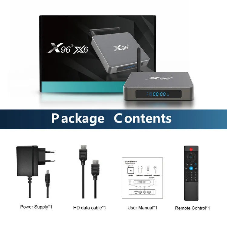 Android Smart TV set-top box with voice remote, HDMI cable, and power adapter on a table.