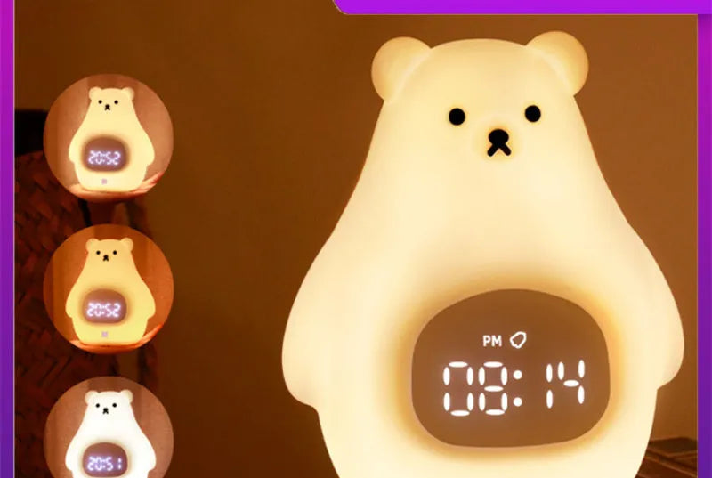White silicone bear-shaped night light with soft glow, remote control, and button switch on a bedside table.