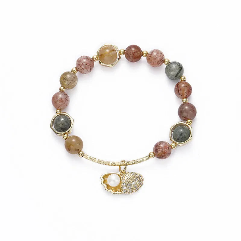 Women's colourful hair crystal shell bracelet with red sealant flower detailing and electroplated finish