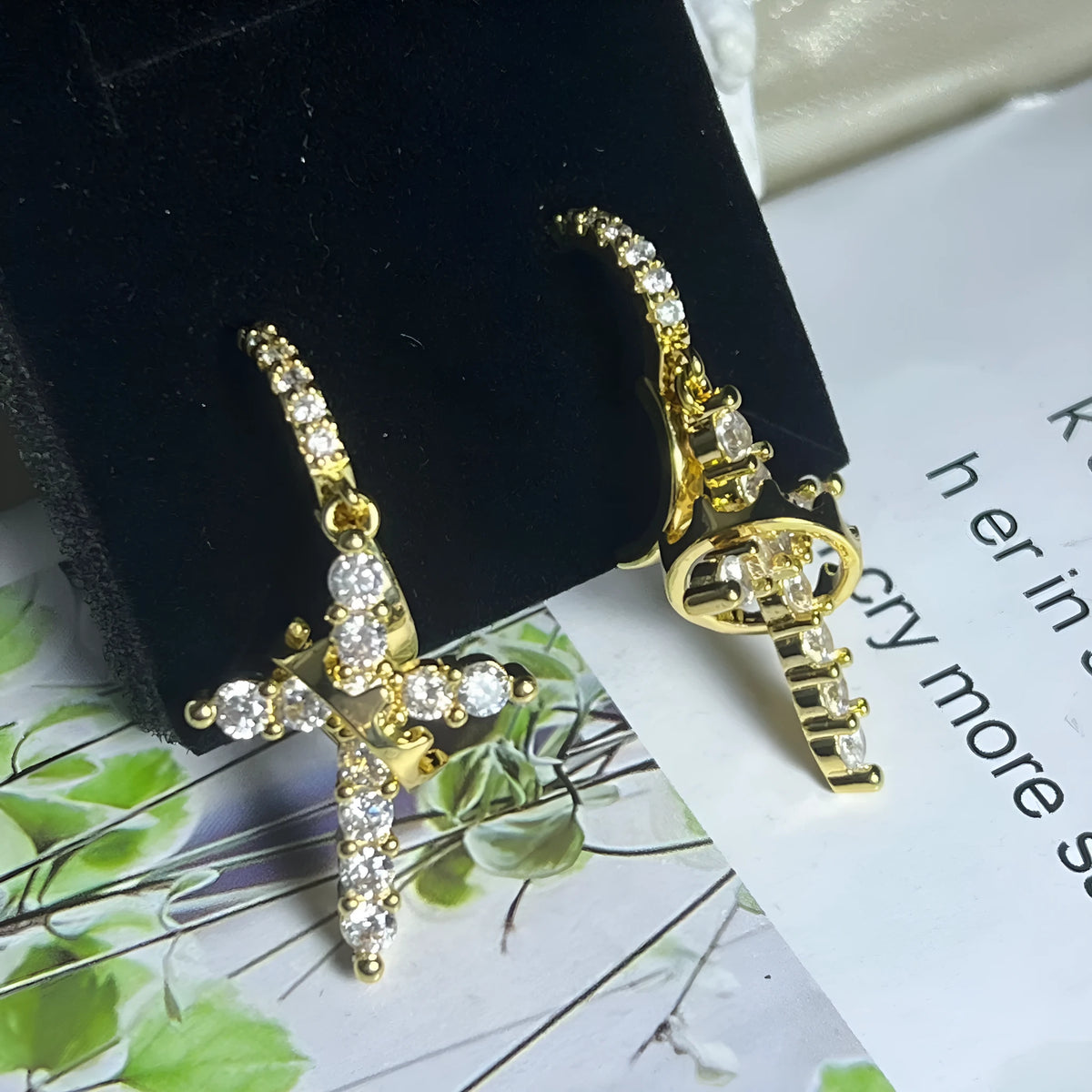 Gold plated crown cross necklace and earrings set with inlaid zircon and rotatable crown pendant for women