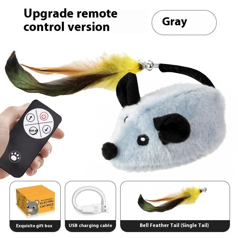 Electric charging simulation mouse cat toy with feather tail decoration