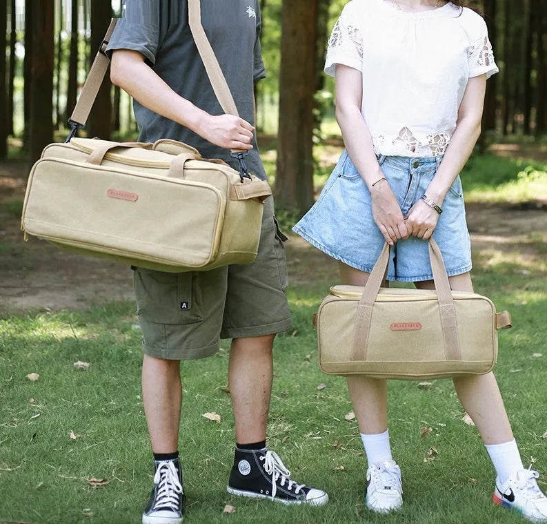 Oxford cloth camping cookware storage bag shown in two sizes, 16 litre and 35 litre, for portable stoves.