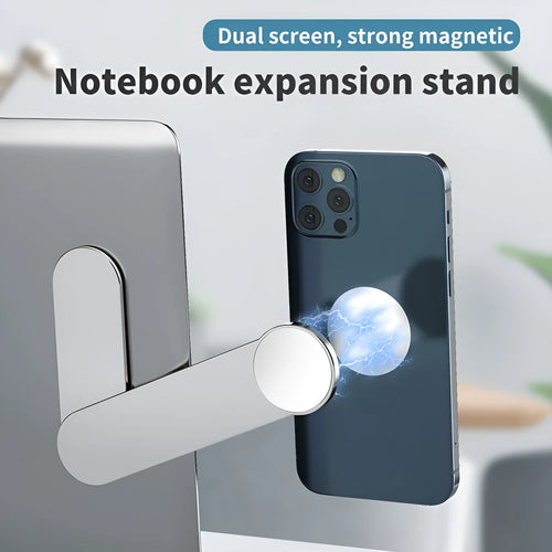 Silver aluminium alloy mobile phone and computer dual screen extension bracket with magnetic phone holder