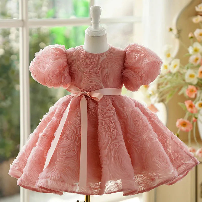 Children's girls' bean pink polyester pettiskirt birthday dress with lining, side view